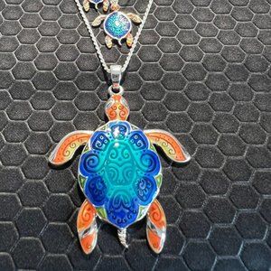 Turtle Necklace and Earring Set Brown, Gold, Aqua, and Blue Made of Sterling Sil